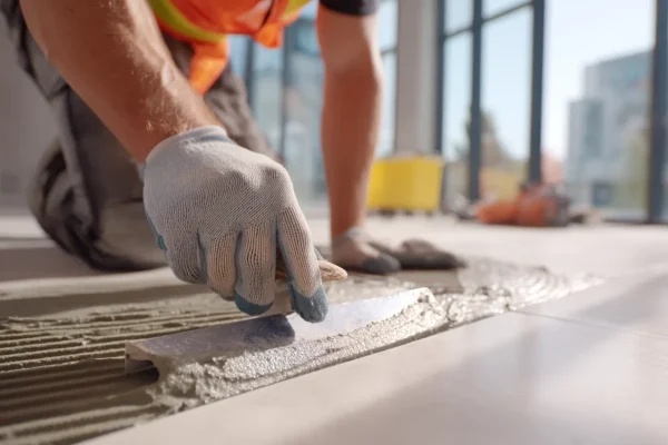 a worker applying tile adhesive